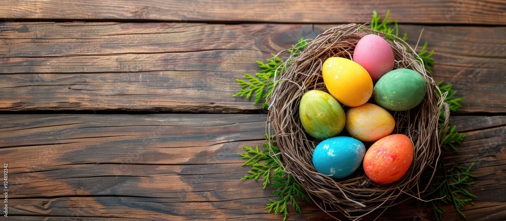 Poster Easter eggs in a basket displayed on a wooden surface with a blank area for adding an image. Creative banner. Copyspace image