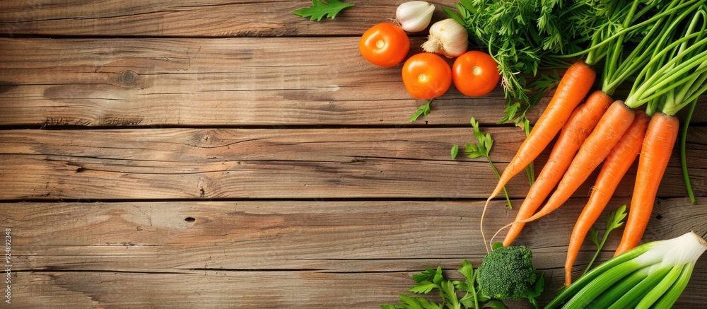 Aufkleber fresh carrot and spring onion on a wooden table surface with copy space image