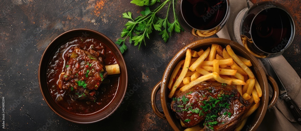 Poster Osso buco stew with herb sauce red wine and French fries arranged appetizingly in a rustic setting on a copy space image