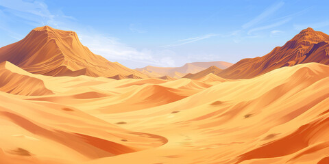 Naklejka premium Desert Discovery: Expansive Dunes and Arid Landscapes - Imagine a background showcasing vast desert landscapes, towering sand dunes, and rugged terrain, perfect for a desert hiking expedition