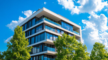 A contemporary apartment building set against a clear blue sky on a sunny day. The design features sleek lines and modern architectural elements, highlighting the building’s stylish and functional aes