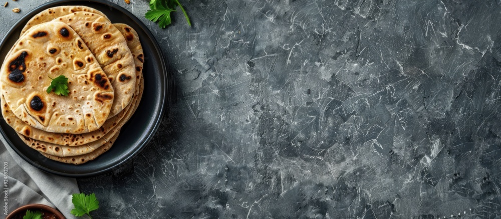 Poster indian chapati bread on gray backdrop highlighting vegetarian food with copy space image