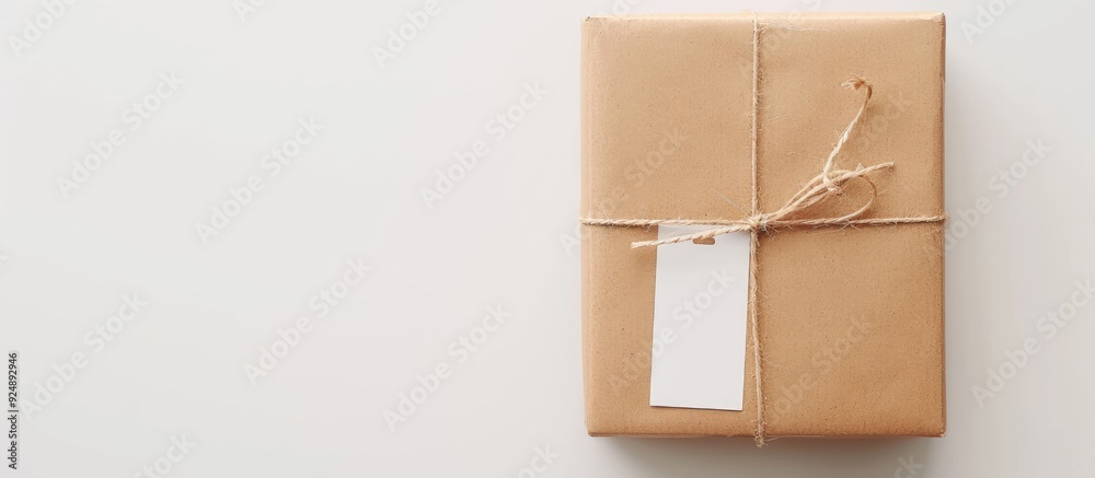 Poster Top view of a parcel box wrapped in craft paper with an empty label mockup on a white background providing ample copy space for customization