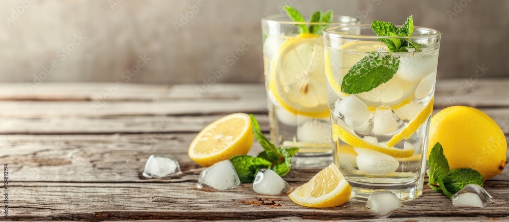 Poster Refreshing summer lemonade with lemon slices mint leaves and ice cubes in two glasses on a wooden surface accompanied by a backdrop suitable for a copy space image