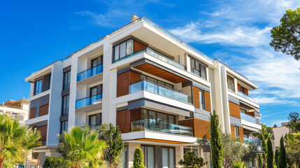 A contemporary apartment building set against a clear blue sky on a sunny day. The design features sleek lines and modern architectural elements, highlighting the building&rsquo;s stylish and functional aes