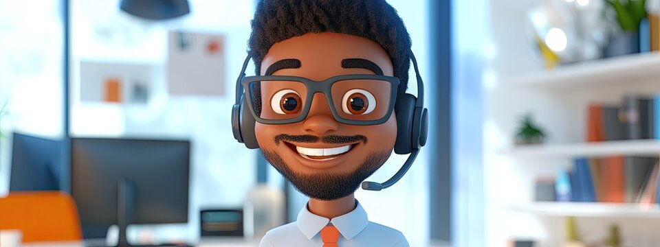 3D Cartoon of a cheerful black customer service agent with a headset responding to calls in a lively office setting An animated mature telemarketing professional smiling at the viewer with space f