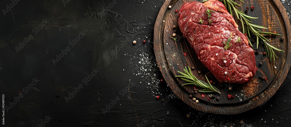 Aufkleber top view of a raw beef steak on a wooden board against a black background with spices ideal for a we