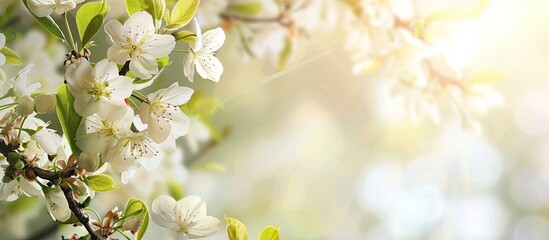 Springtime branch with white blooming fruit tree flowers providing a copy space image