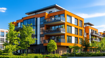 A contemporary apartment building set against a clear blue sky on a sunny day. The design features sleek lines and modern architectural elements, highlighting the building&rsquo;s stylish and functional aes