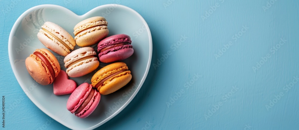 Poster a valentine s day card featuring macaroons on a heart shaped plate against a blue background display