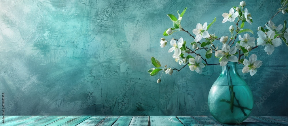 Leinwandbilder Background of turquoise paper with a vase holding a bouquet of white Apple blossoms creating an abstract floral spring setting with copy space image