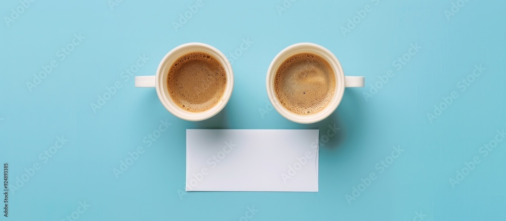 Aufkleber Mock up featuring two coffee cups and a white card on a blue backdrop ready for customization with available copy space image