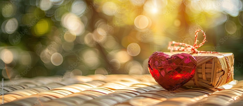Poster a red heart and valentine s day gift displayed on woven rattan under the sunlight with copy space im