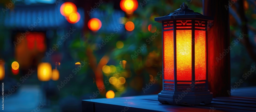 Poster a warm and cozy ambiance at night with a single red and yellow lantern providing a soft glow from it