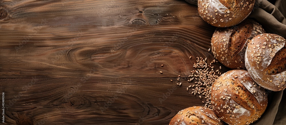 Poster overhead shot of diverse homemade multigrain bread loaves on a wooden surface with a blank space for