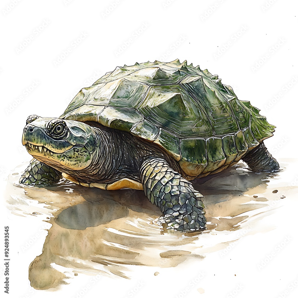 Poster Watercolor illustration of a turtle walking on sand.