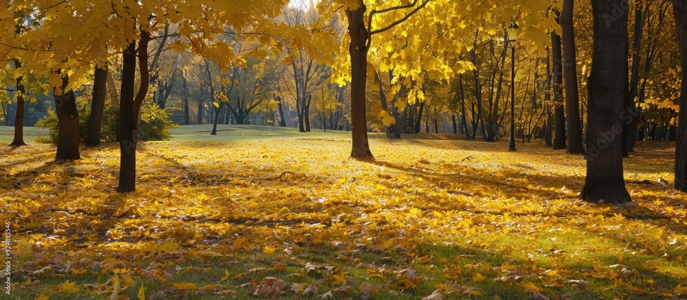 Canvas Prints yellow leaves blanket the fall park creating a picturesque scene with ample copy space image