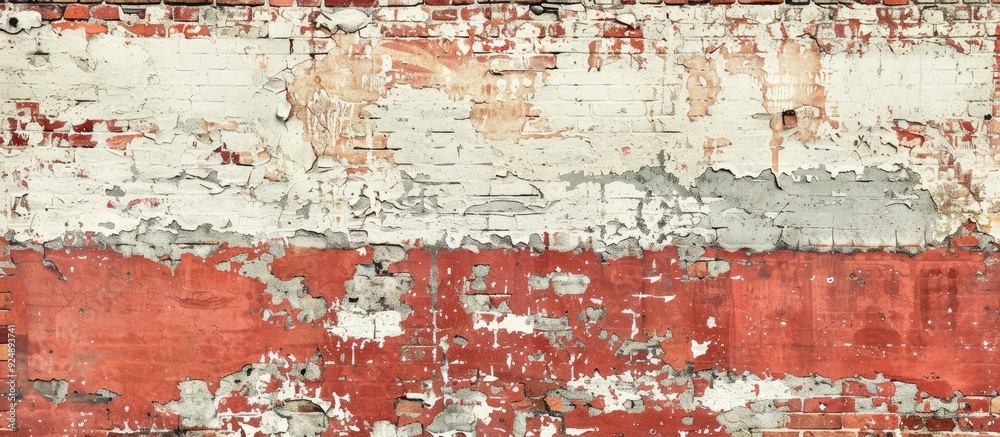 Leinwandbilder old brick wall with peeling paint creating a weathered and worn grungy red stonewall backdrop for a 