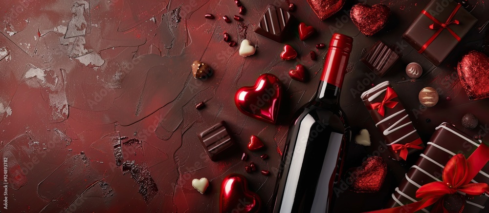 Poster Heart shaped red wine bottle on a Valentine s Day themed background featuring chocolates and gifts viewed from the top with space for text or images. Creative banner. Copyspace image