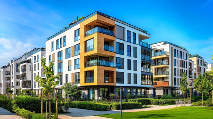 A contemporary apartment building set against a clear blue sky on a sunny day. The design features sleek lines and modern architectural elements, highlighting the building’s stylish and functional aes