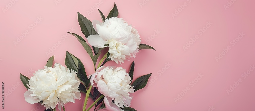 Poster white peonies blooming against a soft pink backdrop with ample copy space for product presentations 