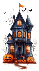 Fototapeta premium Halloween haunted house with pumpkins and bats flying