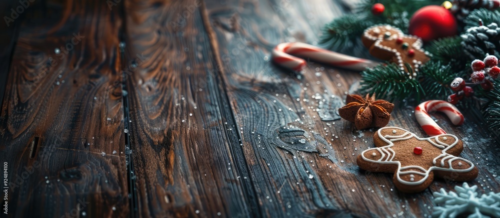 Poster Festive Christmas scene with gingerbread cookies candy cane and fir tree on a rustic wooden table Moody holiday background with space for text Toned image. Creative banner. Copyspace image