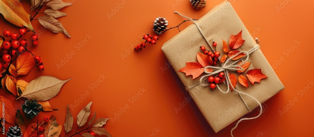 Aufkleber Top view of a handmade paper gift box adorned with autumn leaves and berries on an orange backdrop with available copy space image
