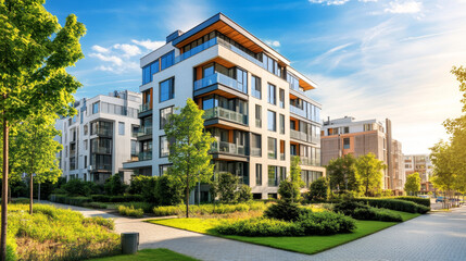 A contemporary apartment building set against a clear blue sky on a sunny day. The design features sleek lines and modern architectural elements, highlighting the building’s stylish and functional aes