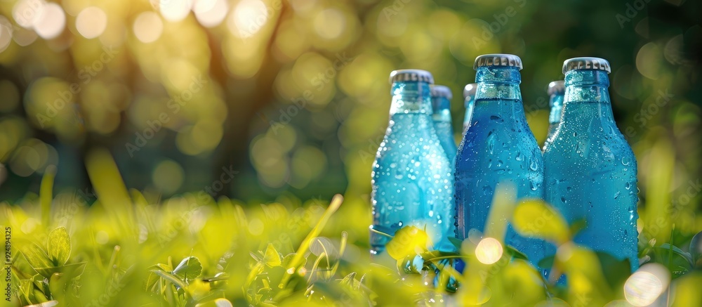 Poster in a summer park there is a panoramic view of glass bottles of blue isotonik drink placed on the gra