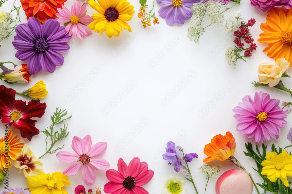 Aufkleber A frame of vibrant flowers on a white background with ample space for a greeting card.