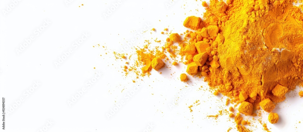 Aufkleber turmeric powder displayed on a white background with ample copy space image in a top down perspectiv