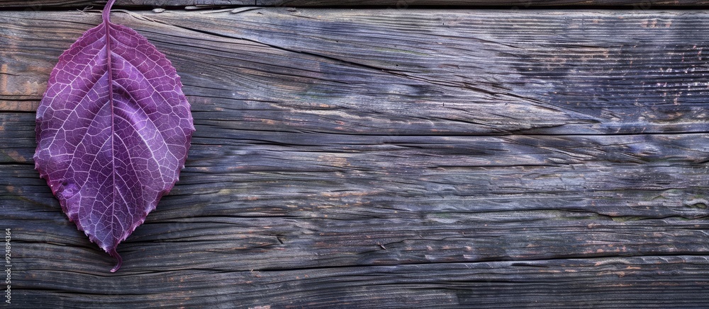 Leinwandbilder top view of a single purple leaf on aged wooden surface creating a thanksgiving autumn holidays back