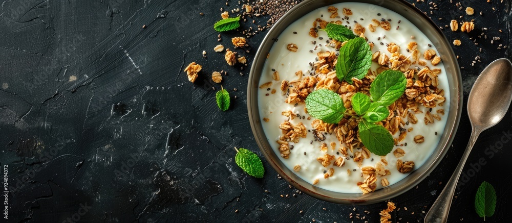 Poster healthy breakfast consisting of coconut pudding topped with granola and chia seeds on a dark backgro