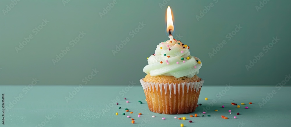 Poster a tasty cupcake with a lit candle is placed on a soft green backdrop leaving room for a message in t