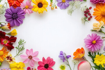 A frame of vibrant flowers on a white background with ample space for a greeting card.