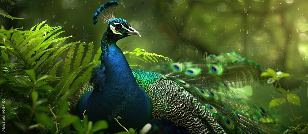 Poster peacock guarding greenery in its habitat with a copy space image