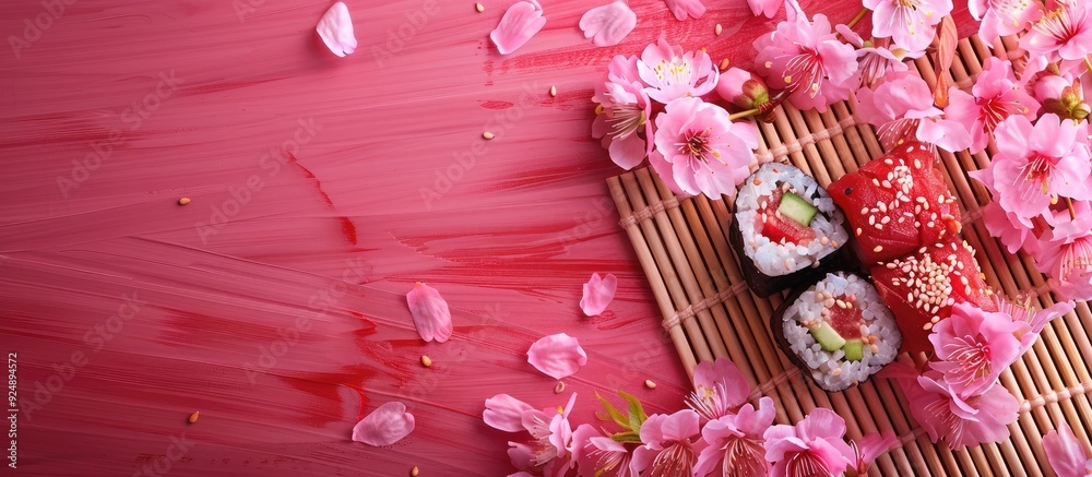 Poster Sushi maki set presented with a fresh sakura branch on a bamboo table with ample copy space image