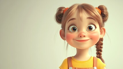 3D Cartoon Portrait of a Cute Happy Girl Smiling at Camera with a White Background Copy Space Studio Scene Joyful Childhood Learning Fun