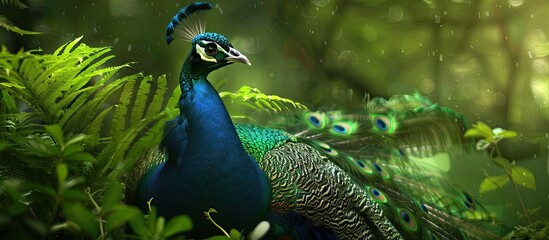Obraz premium Peacock guarding greenery in its habitat with a copy space image