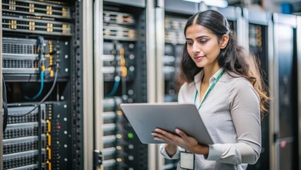 "Indian Female IT Specialist with Servers" – A female Indian IT specialist working with server racks in a data center.
