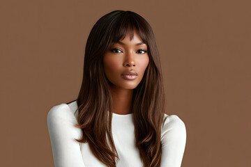 Beautiful woman with long hair and layered bangs in a studio posing and looking in the camera 