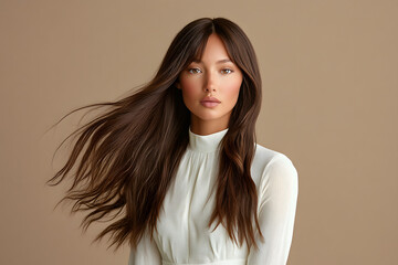 Fototapeta premium A woman with long brunette hair in the back wearing a white blouse 
