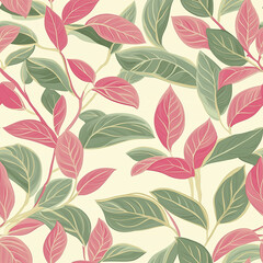 Delicate leaf pattern in shades of pink and green on a light background, evoking a soft, fresh, and natural feel ideal for elegant and organic-themed projects.