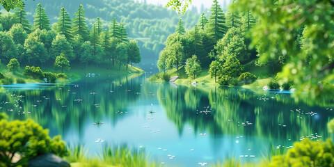 Lakeside Serenity: Tranquil Lakes and Scenic Trails - Visualize a background showcasing peaceful lakes, lush forests, and winding trails, perfect for a lakeside hike