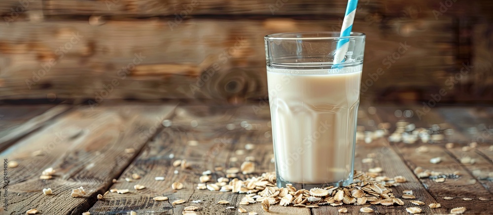 Poster A glass of oat milk with a blue paper straw on a wooden background perfect for adding text or images in the copy space image