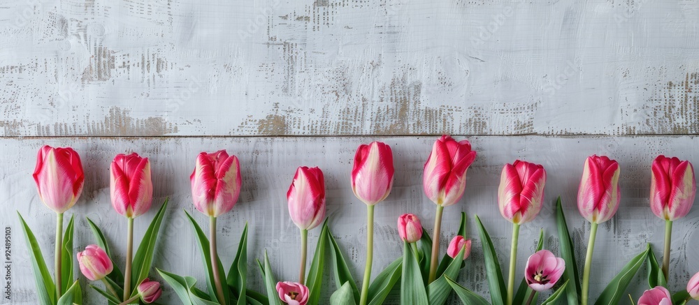 Poster Pink tulips arranged on a light plywood background with space for text or copy suitable as a postcard template featuring a copy space image