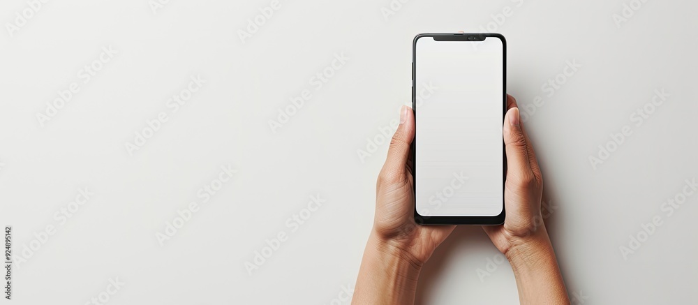 Poster hand holding smartphone with empty screen on white backdrop ideal for promoting mobile applications 