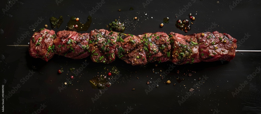 Poster top view of a raw dry aged wagyu picanha barbecue skewer made from cap rump beef seasoned with herbs