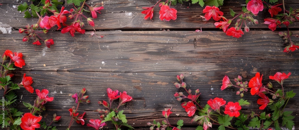 Aufkleber geranium flowers displayed on a rustic wooden board with empty space for text or images. creative ba